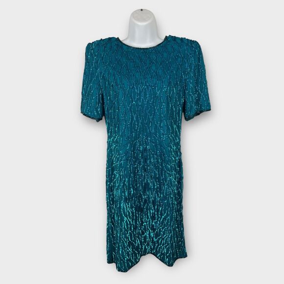 Teal Silk All Over Sequin Short Slv Evening Cocktail 80s Dress Silky Nites Sz 6 - Picture 1 of 10